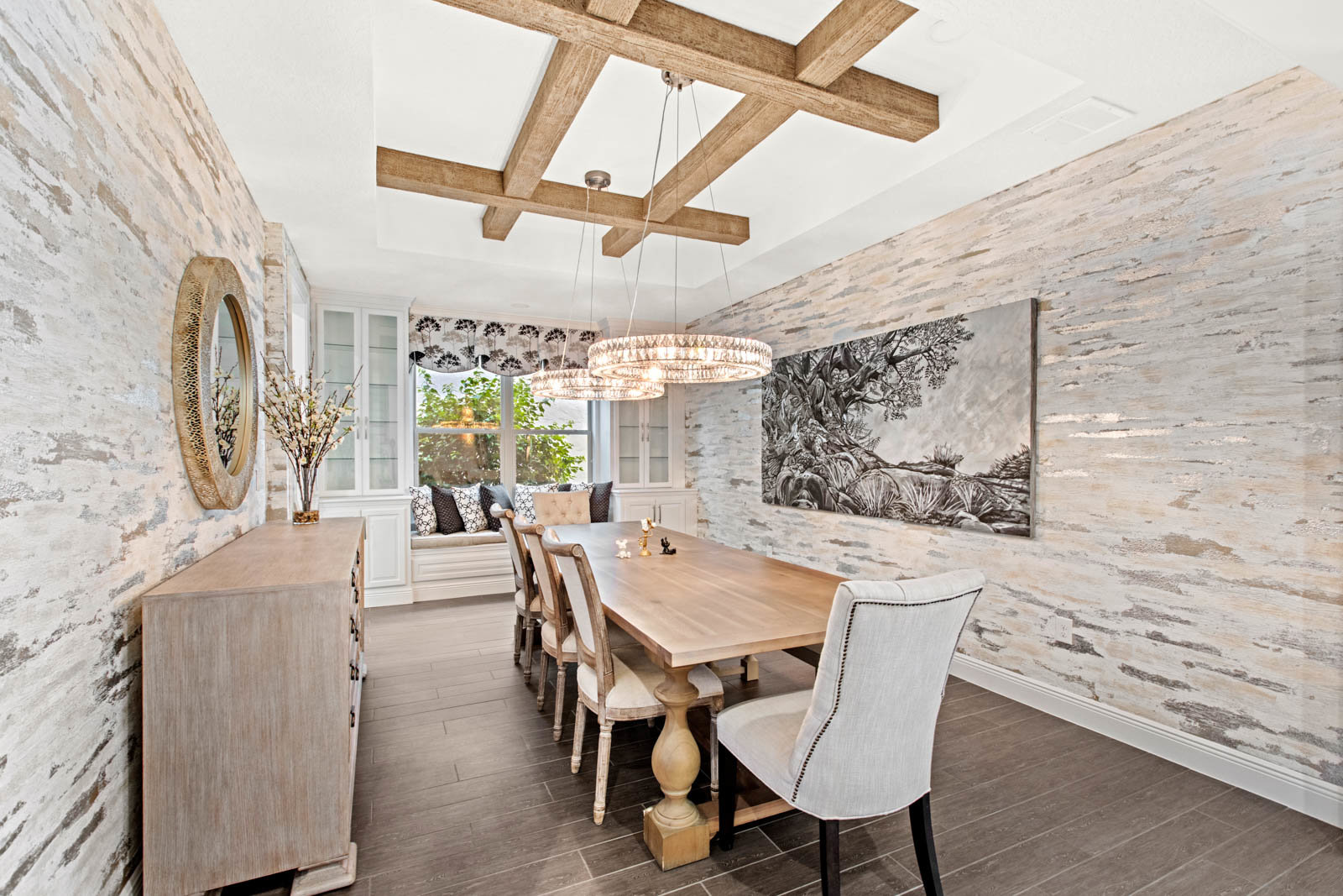 dining room with table and white and wood decor